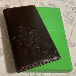 Shanghai Tang Brown Leather Dragon Travel Wallet Billfold NEW
